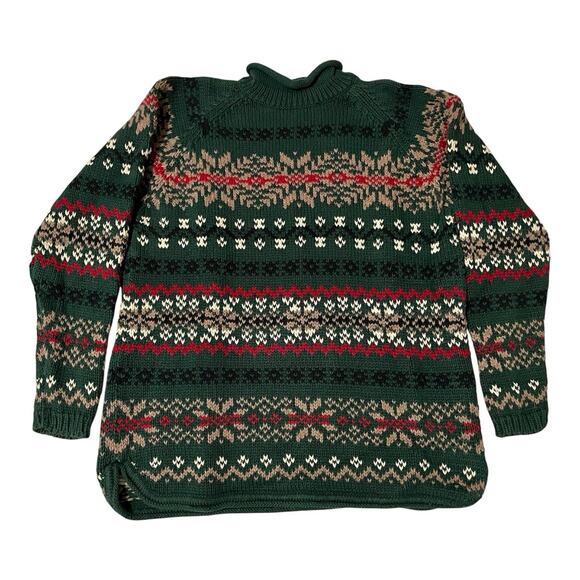 Vintage Eddie Bauer Sweater Women Medium Green Fair Isle Tunic Nordic Holiday - Picture 1 of 8